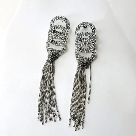 Long Rhinestone Tassel Earrings - Picture 2 of 11